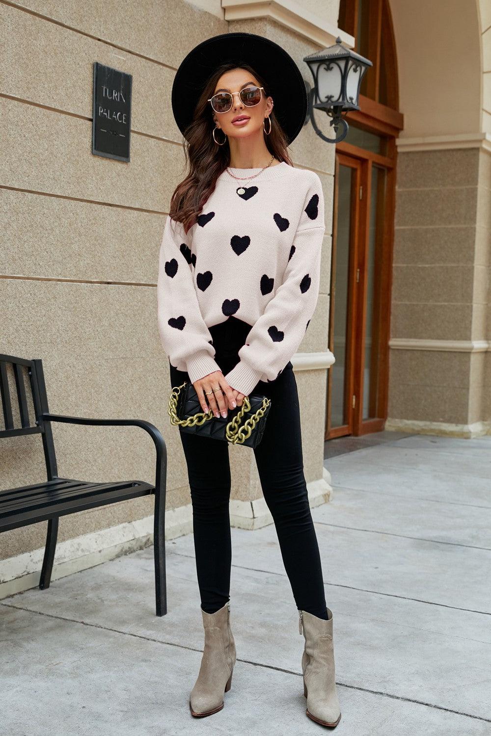 Heart Pattern Lantern Sleeve Round Neck Tunic Sweater BLUE ZONE PLANET
