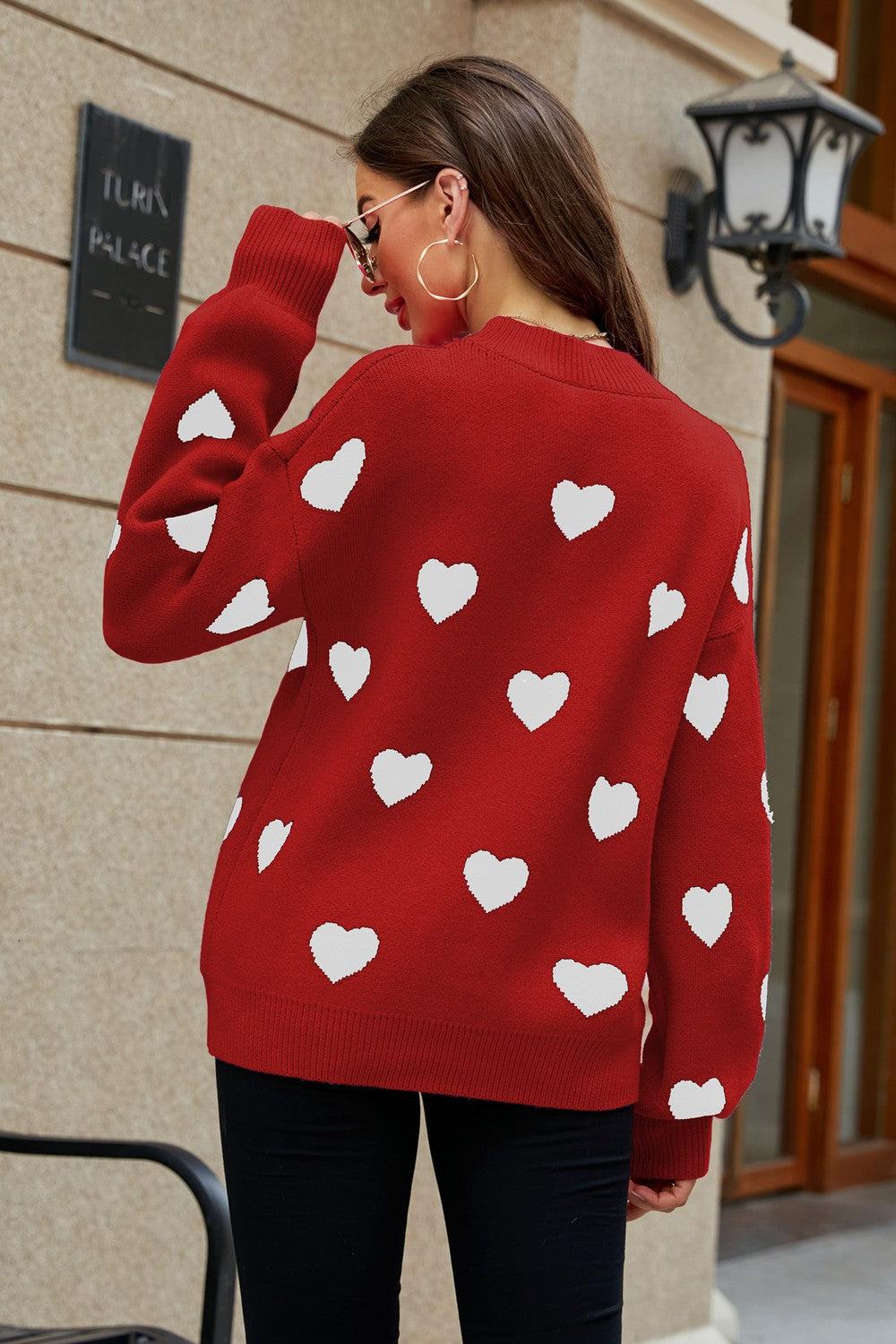 Heart Pattern Lantern Sleeve Round Neck Tunic Sweater BLUE ZONE PLANET