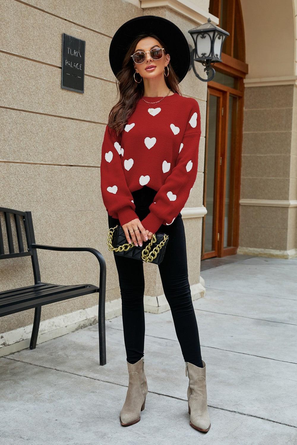 Heart Pattern Lantern Sleeve Round Neck Tunic Sweater BLUE ZONE PLANET
