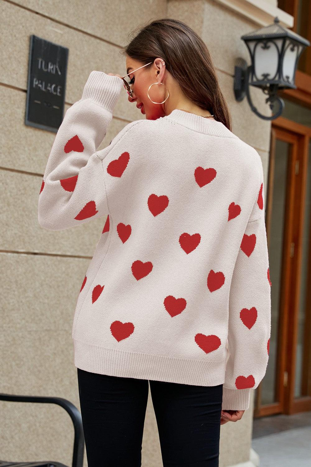 Heart Pattern Lantern Sleeve Round Neck Tunic Sweater BLUE ZONE PLANET