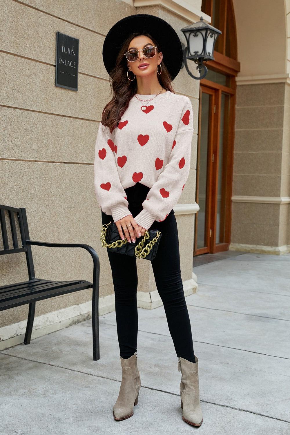 Heart Pattern Lantern Sleeve Round Neck Tunic Sweater BLUE ZONE PLANET