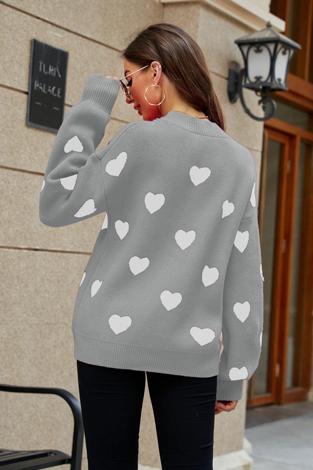 Heart Pattern Lantern Sleeve Round Neck Tunic Sweater BLUE ZONE PLANET