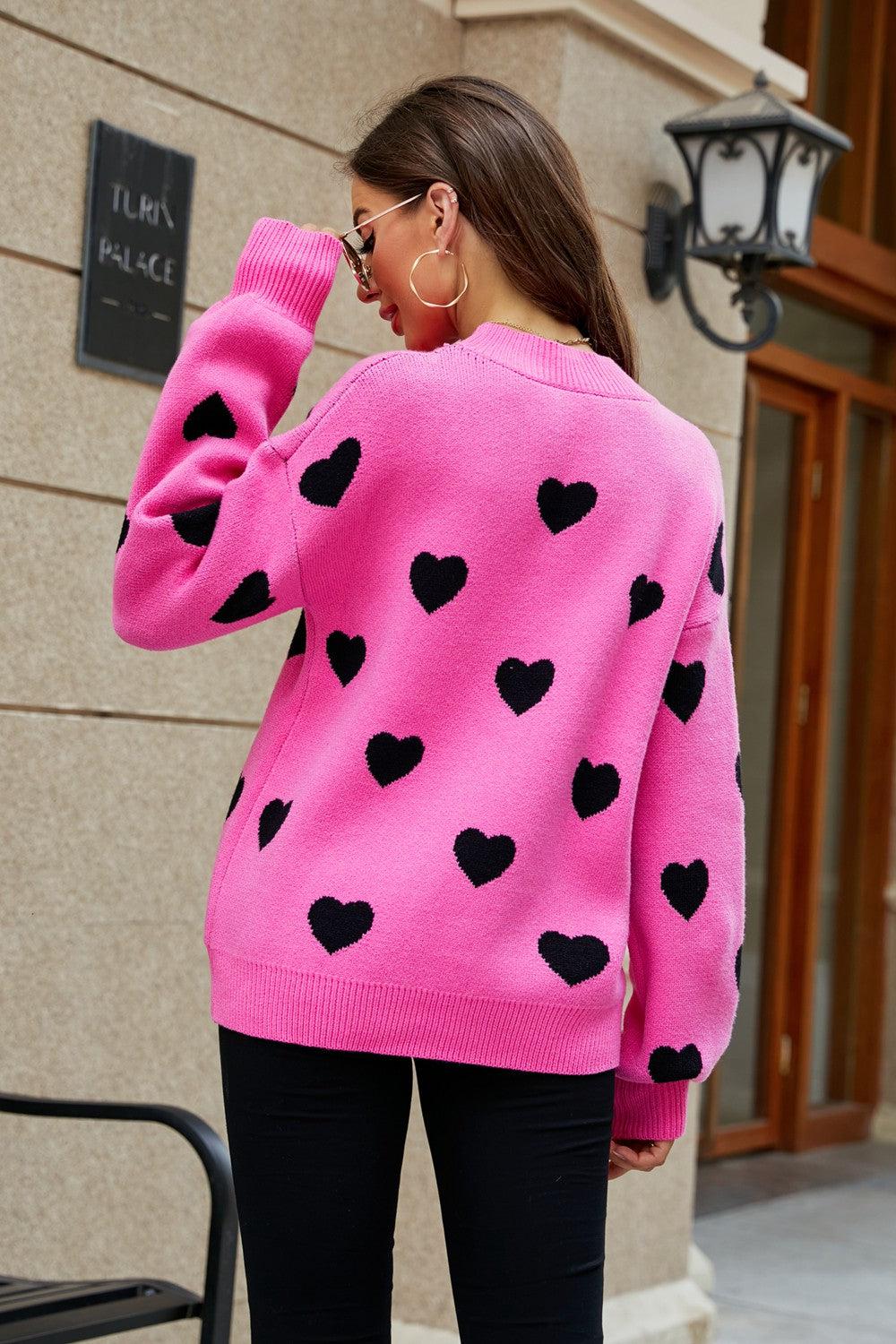 Heart Pattern Lantern Sleeve Round Neck Tunic Sweater BLUE ZONE PLANET