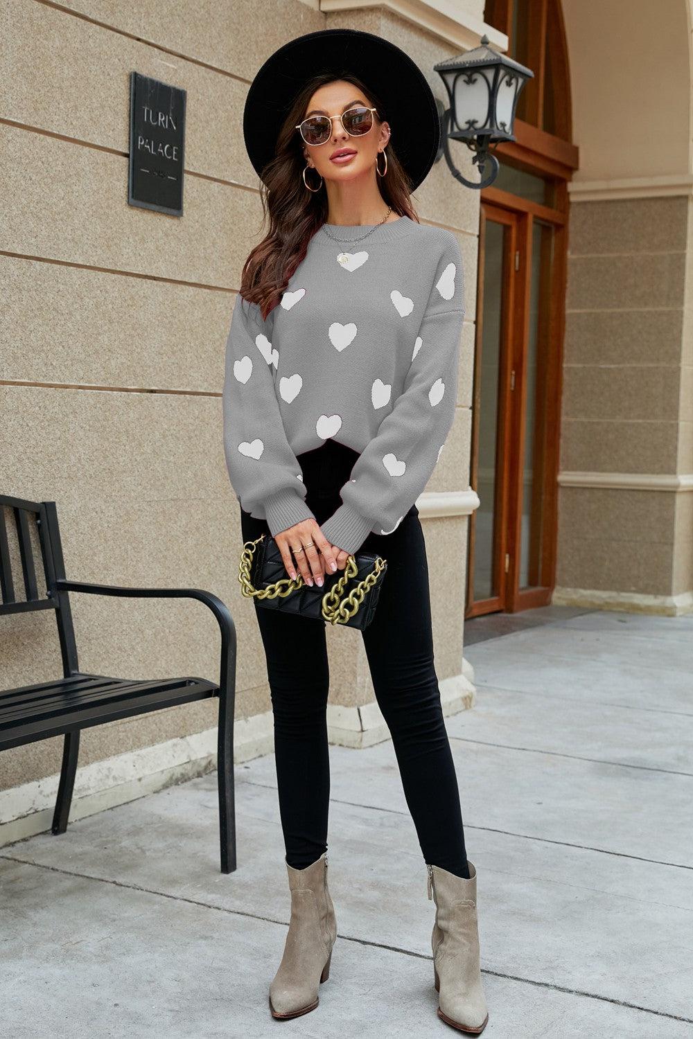 Heart Pattern Lantern Sleeve Round Neck Tunic Sweater BLUE ZONE PLANET