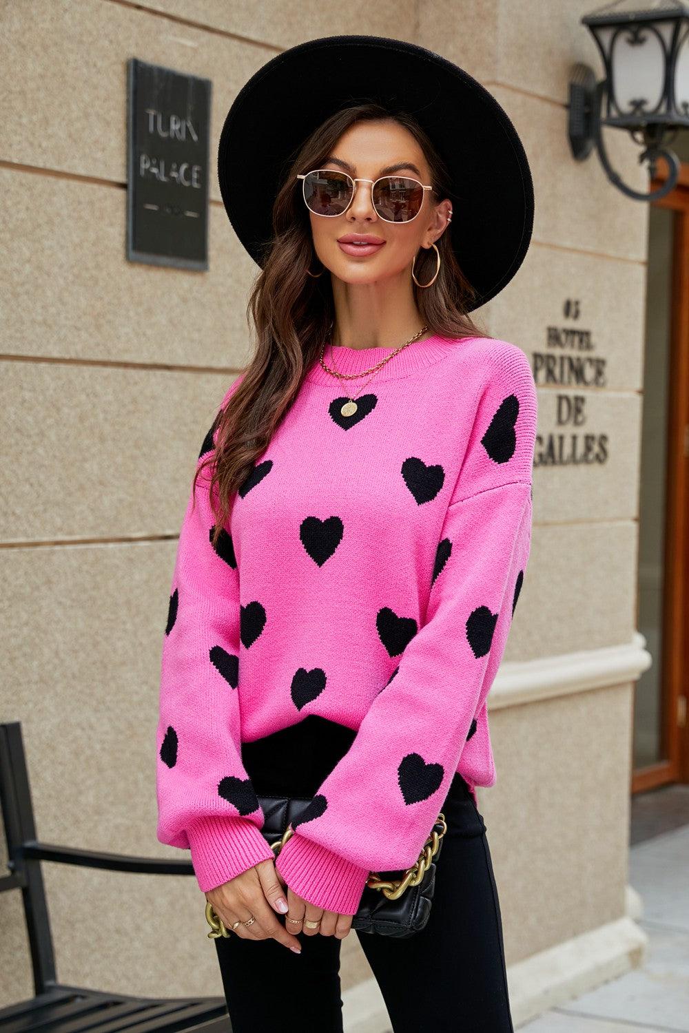 Heart Pattern Lantern Sleeve Round Neck Tunic Sweater BLUE ZONE PLANET