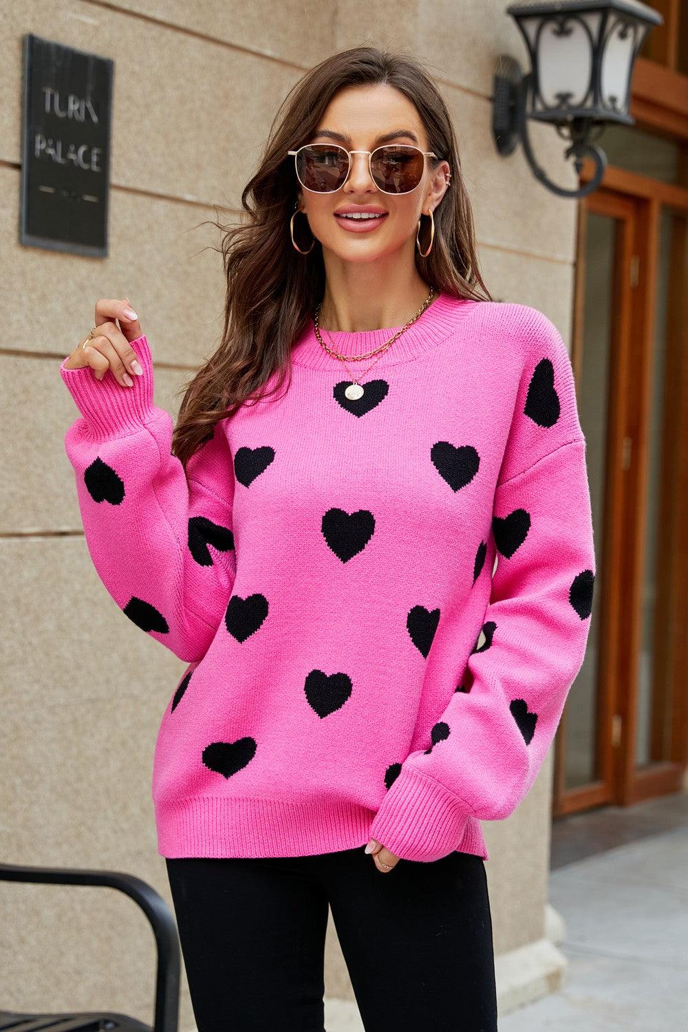 Heart Pattern Lantern Sleeve Round Neck Tunic Sweater BLUE ZONE PLANET