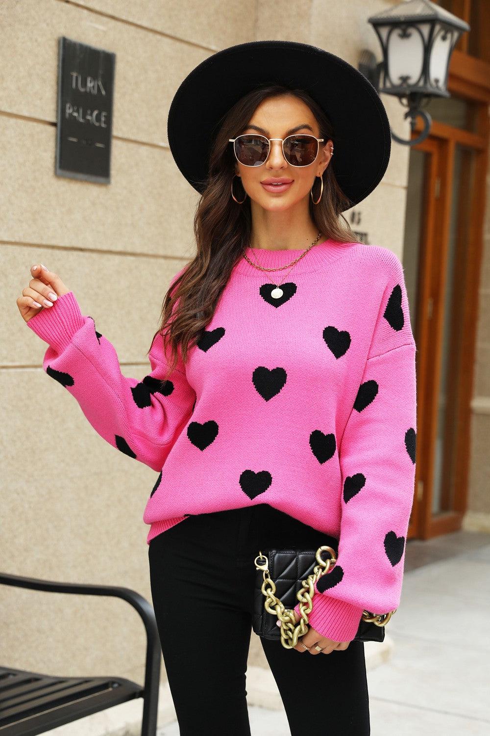 Heart Pattern Lantern Sleeve Round Neck Tunic Sweater BLUE ZONE PLANET