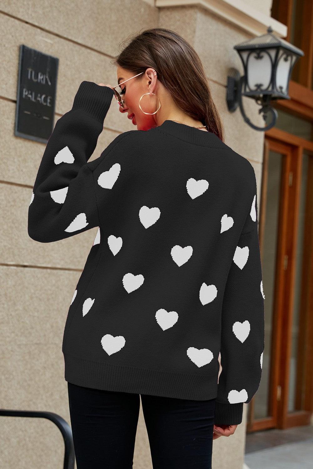 Heart Pattern Lantern Sleeve Round Neck Tunic Sweater BLUE ZONE PLANET