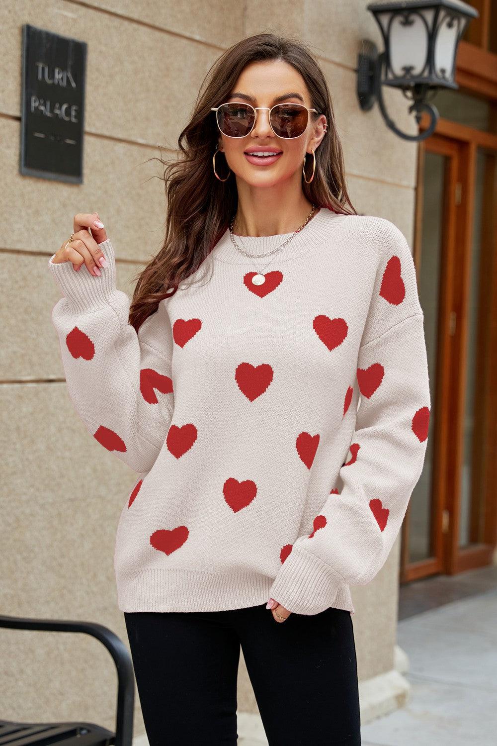 Heart Pattern Lantern Sleeve Round Neck Tunic Sweater BLUE ZONE PLANET