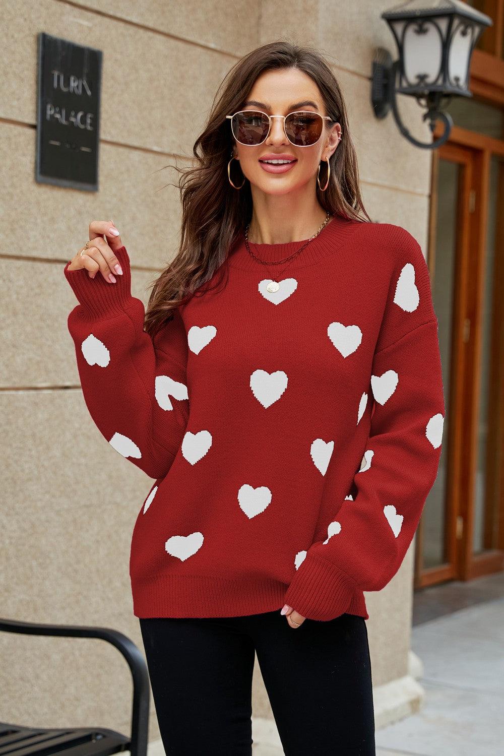 Heart Pattern Lantern Sleeve Round Neck Tunic Sweater BLUE ZONE PLANET