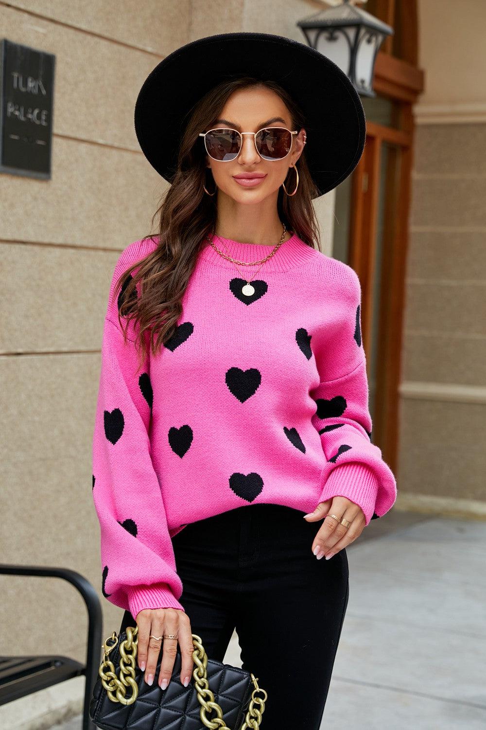Heart Pattern Lantern Sleeve Round Neck Tunic Sweater BLUE ZONE PLANET