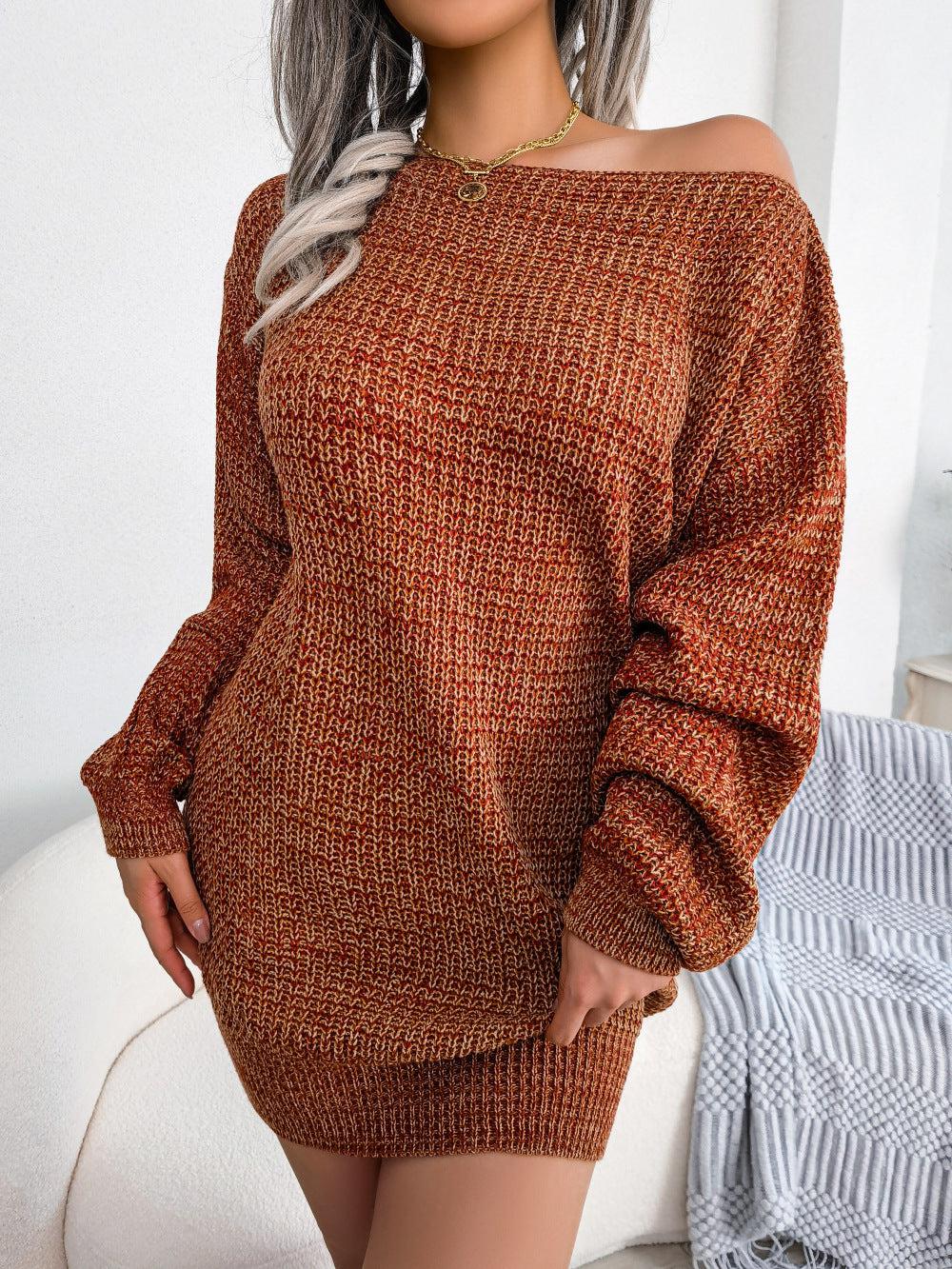 Heathered Boat Neck Lantern Sleeve Sweater Mini Dress BLUE ZONE PLANET