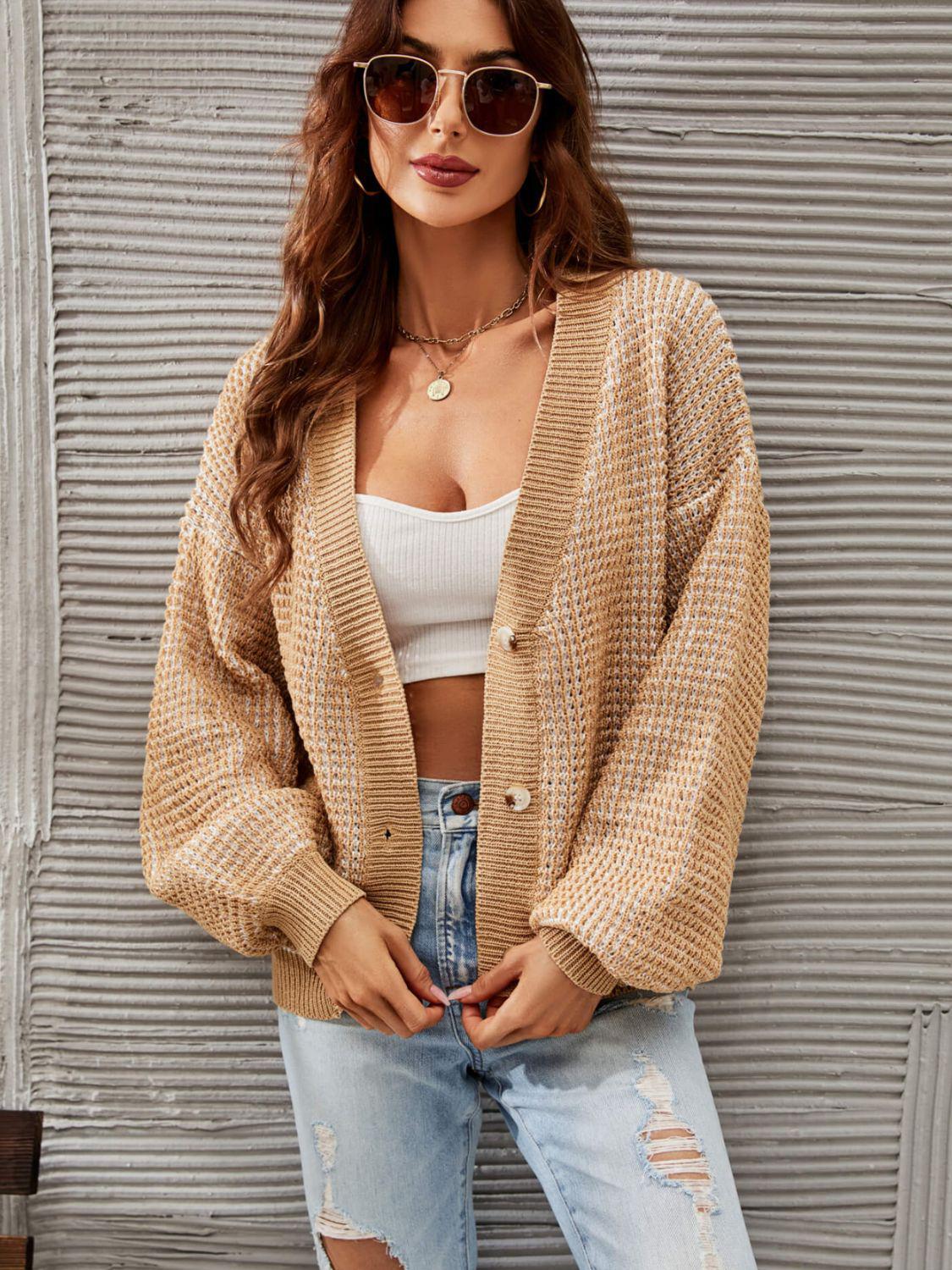 Heathered Lantern Sleeve Cardigan BLUE ZONE PLANET