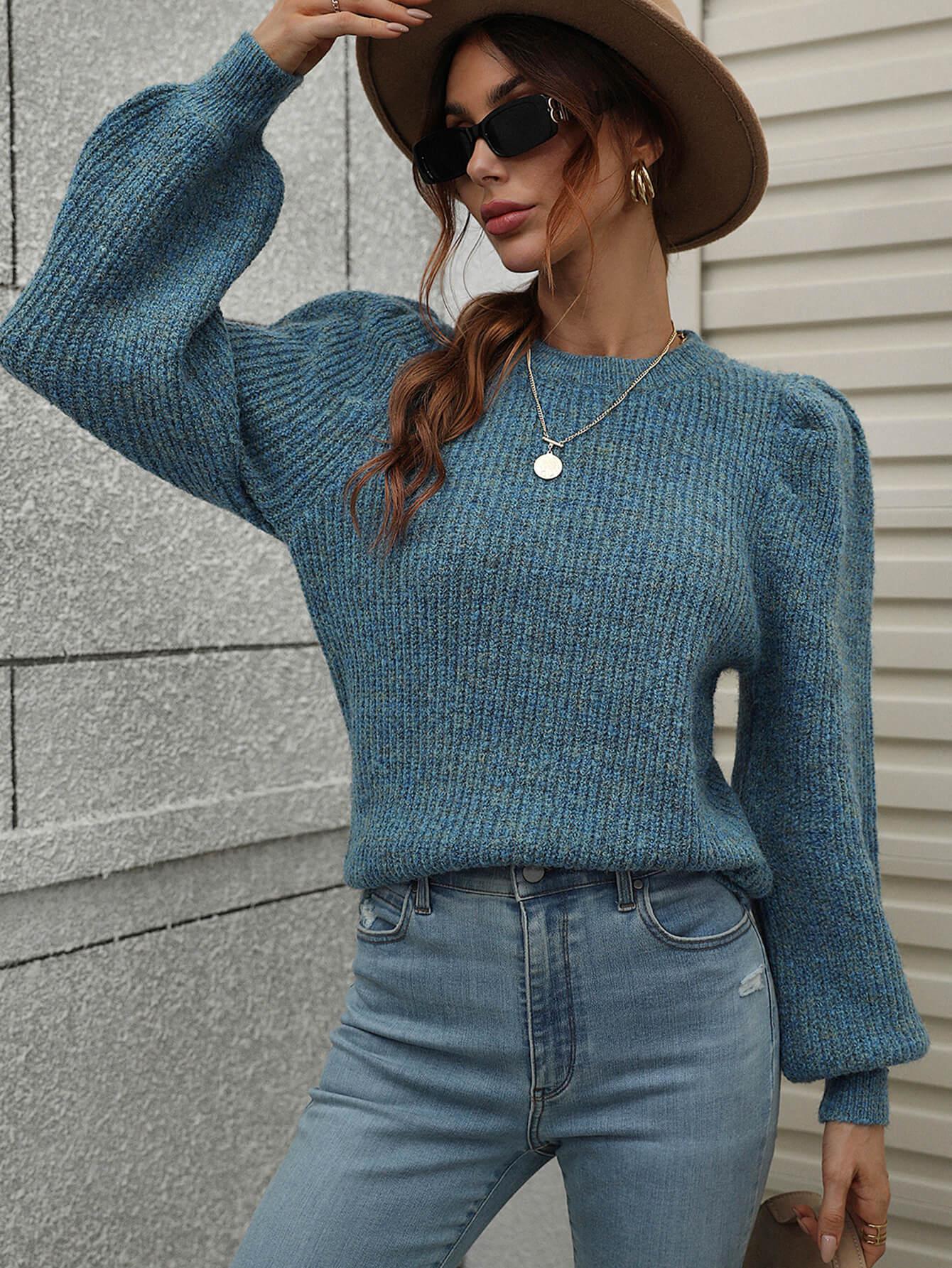 Heathered Long Lantern Sleeve Rib-Knit Sweater BLUE ZONE PLANET