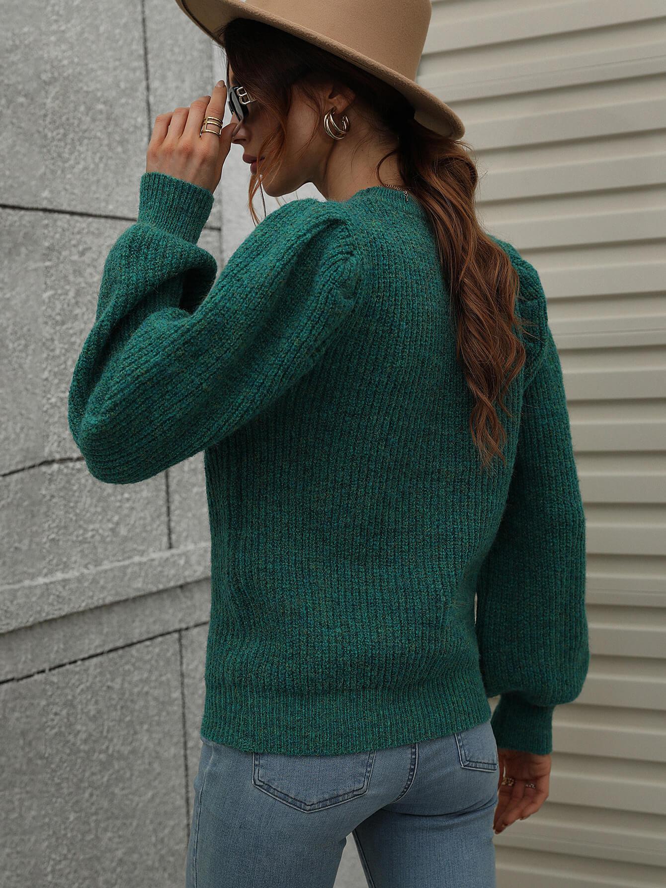 Heathered Long Lantern Sleeve Rib-Knit Sweater BLUE ZONE PLANET