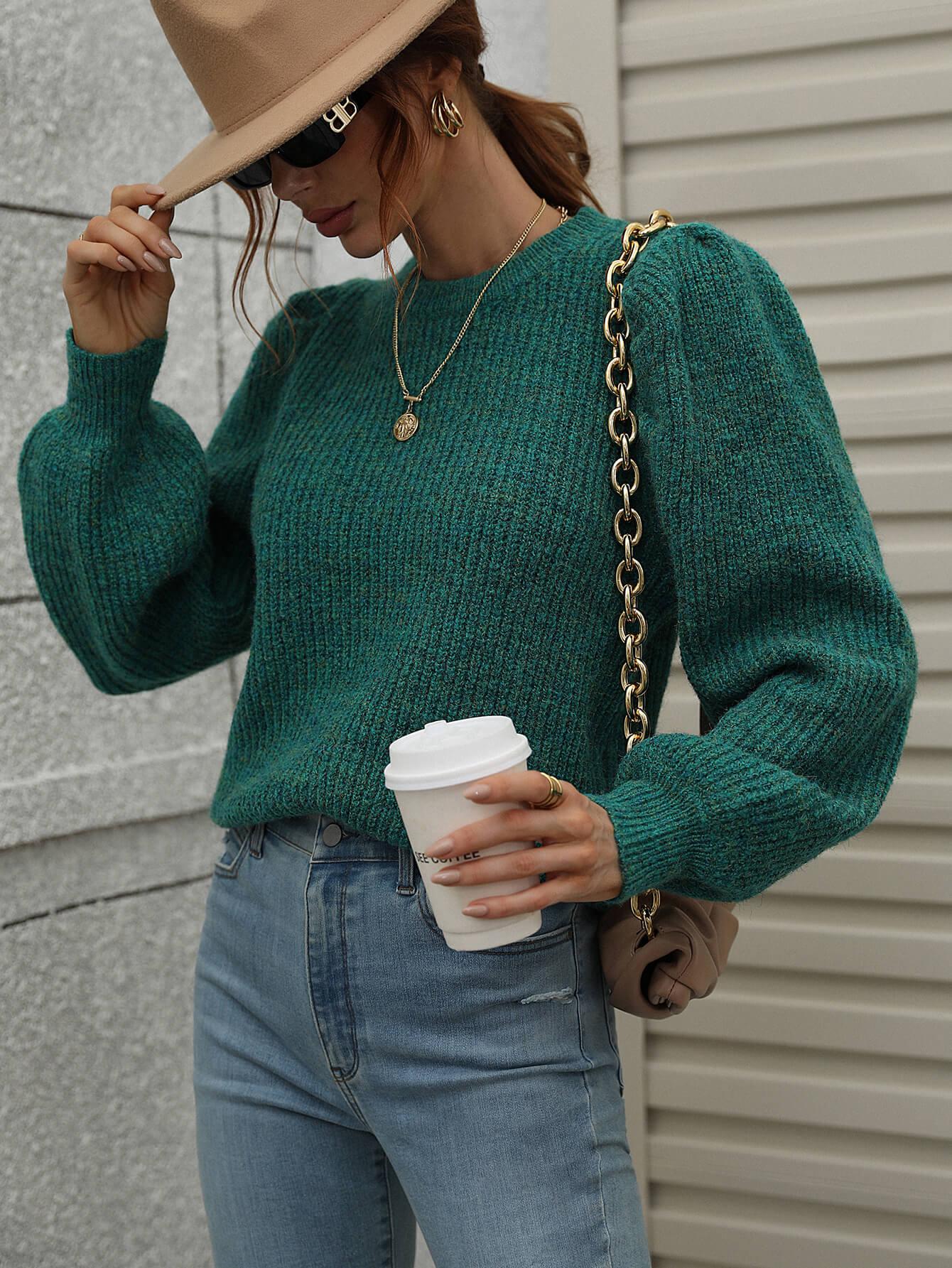 Heathered Long Lantern Sleeve Rib-Knit Sweater BLUE ZONE PLANET