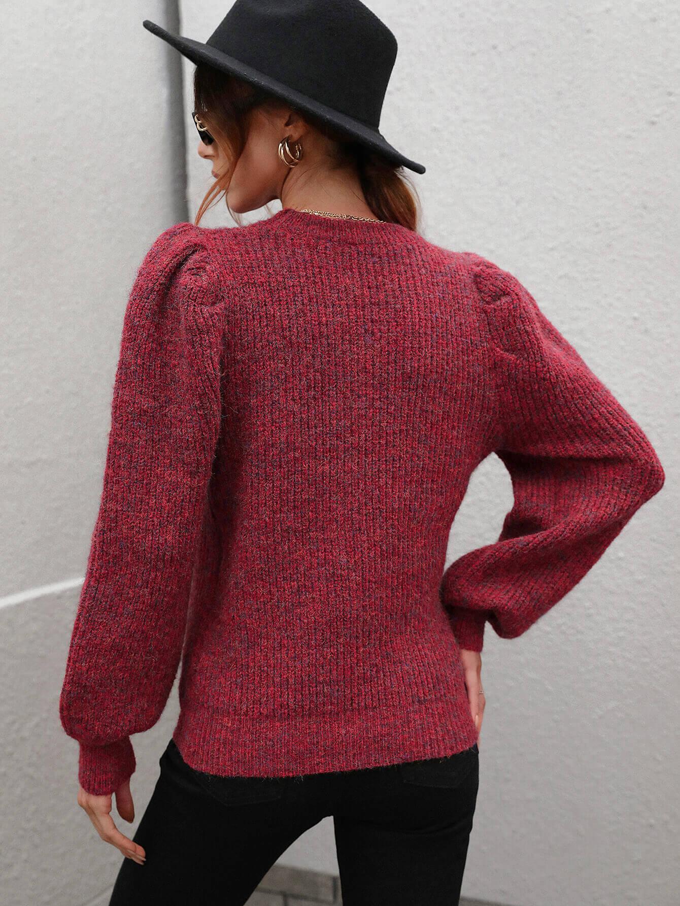 Heathered Long Lantern Sleeve Rib-Knit Sweater BLUE ZONE PLANET