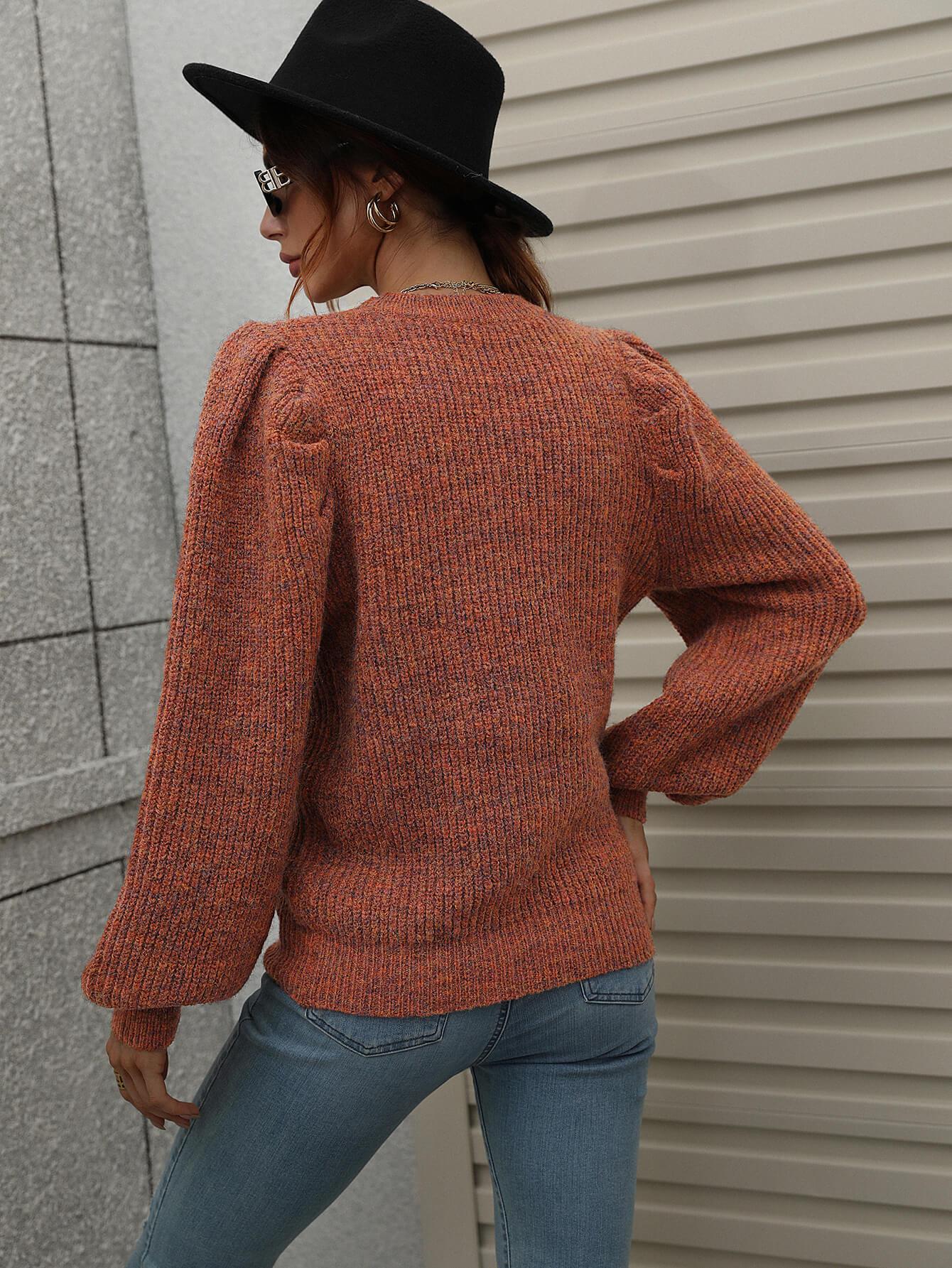 Heathered Long Lantern Sleeve Rib-Knit Sweater BLUE ZONE PLANET