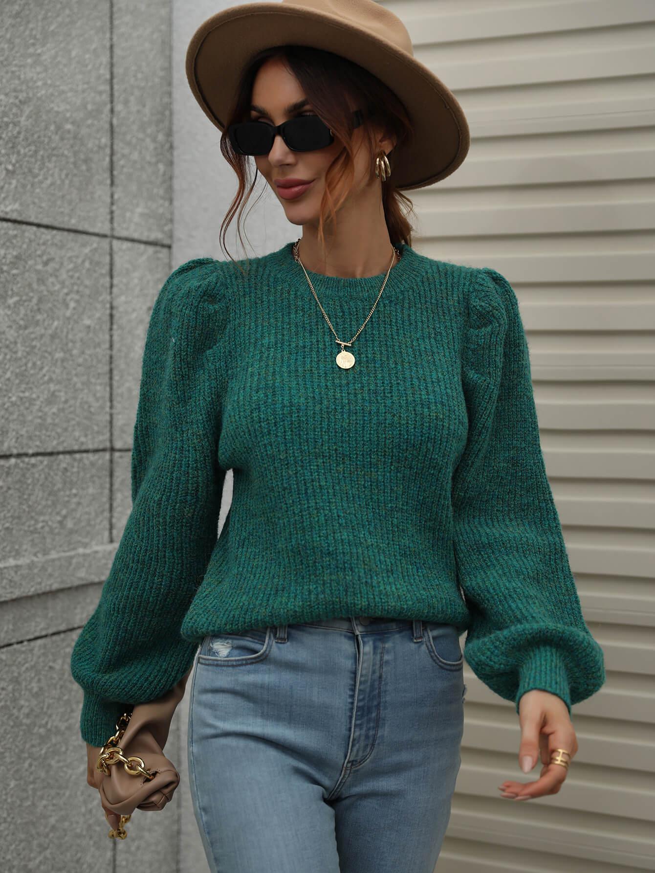 Heathered Long Lantern Sleeve Rib-Knit Sweater BLUE ZONE PLANET