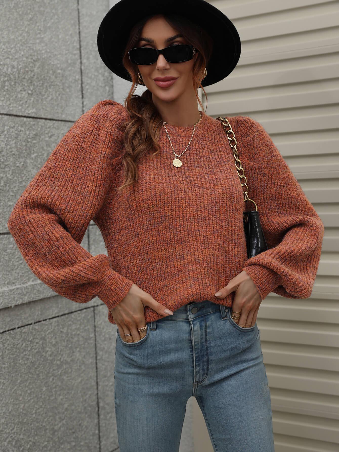 Heathered Long Lantern Sleeve Rib-Knit Sweater BLUE ZONE PLANET