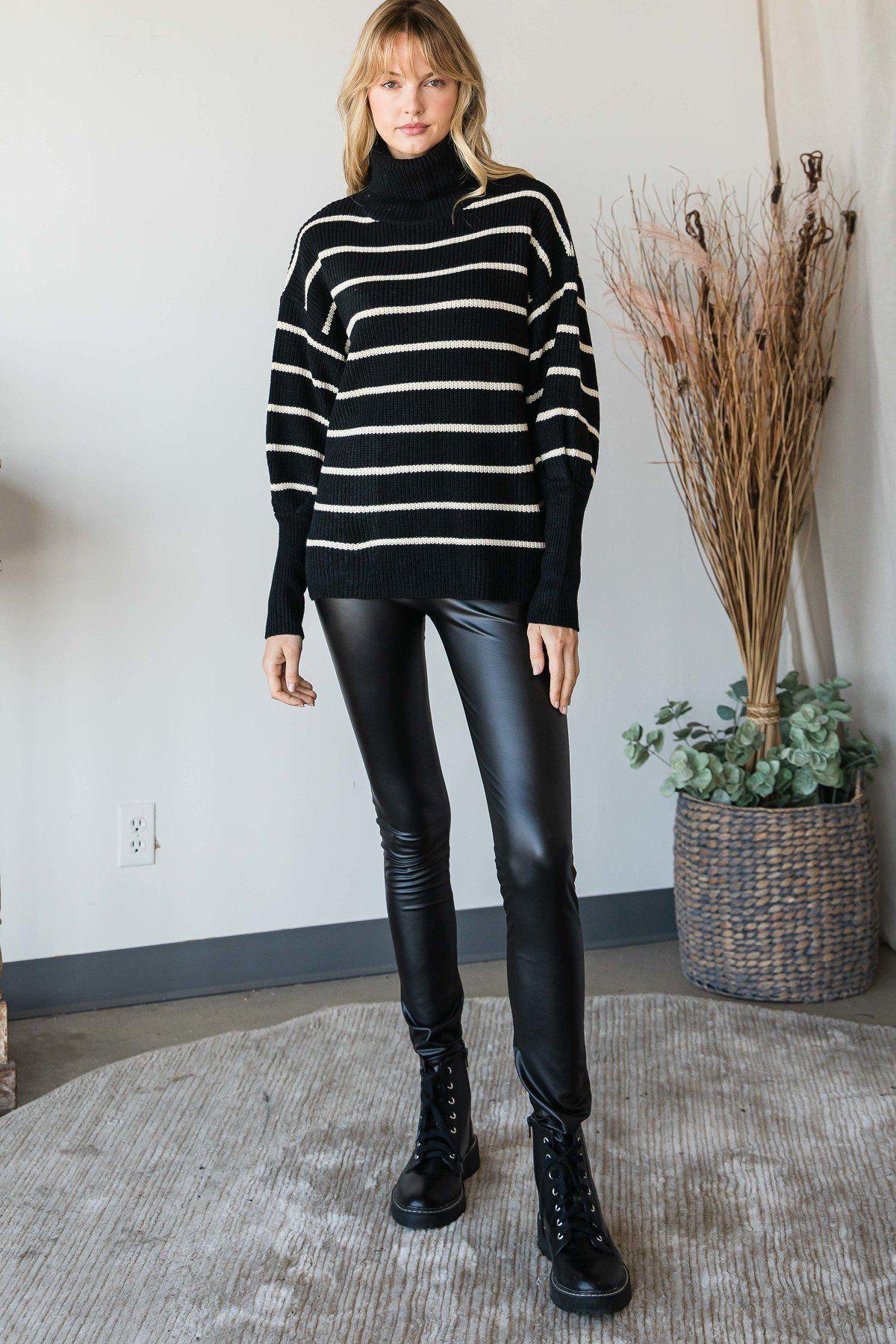 Heavy Knit Striped Turtle Neck Knit Sweater Blue Zone Planet