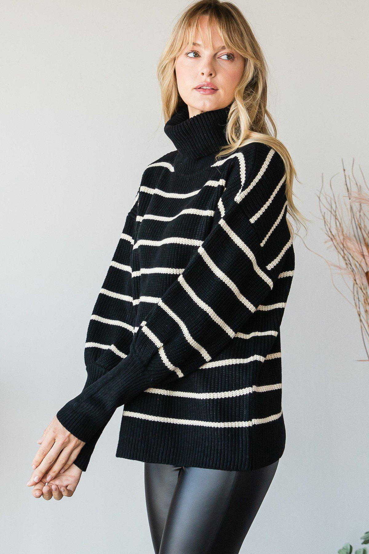 Heavy Knit Striped Turtle Neck Knit Sweater Blue Zone Planet