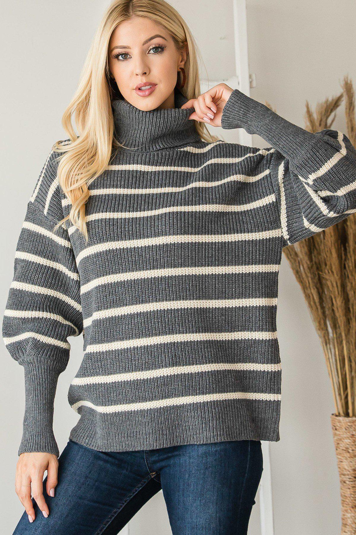 Heavy Knit Striped Turtle Neck Knit Sweater Blue Zone Planet