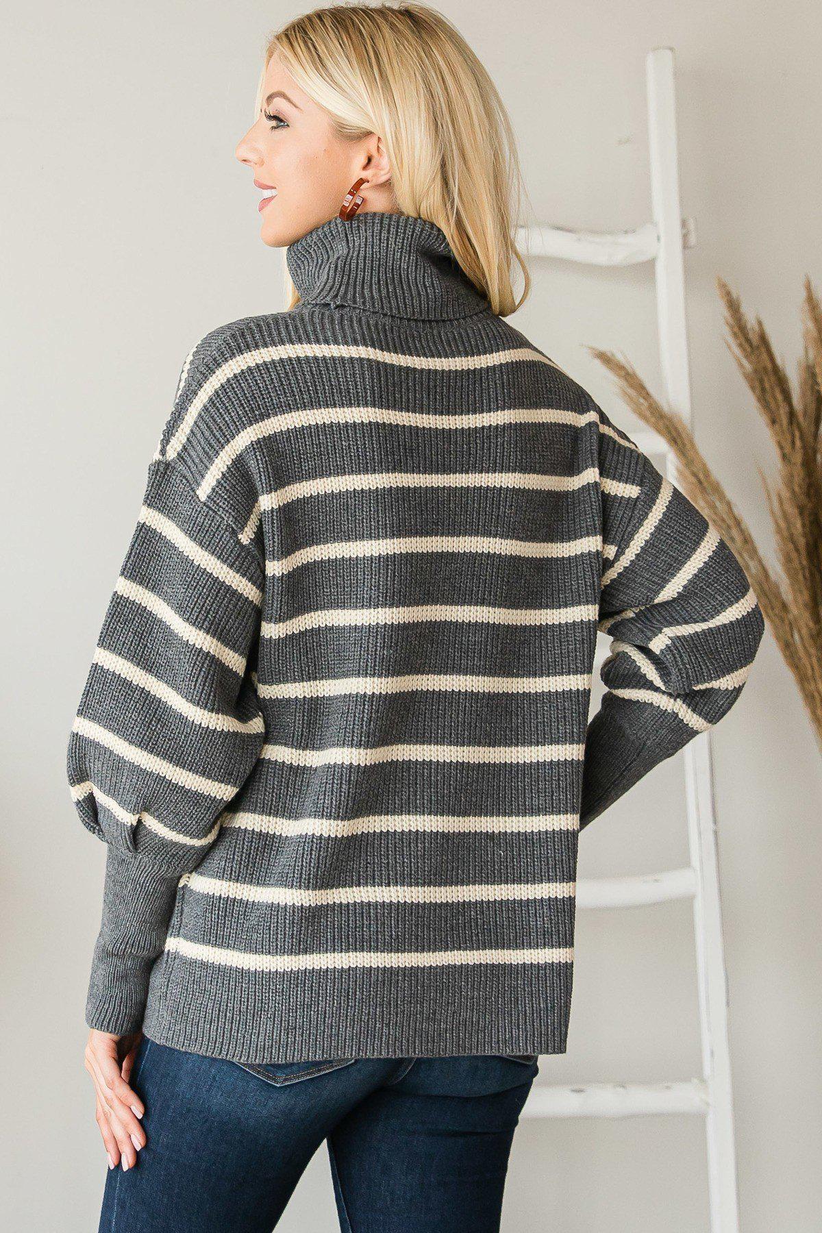 Heavy Knit Striped Turtle Neck Knit Sweater Blue Zone Planet