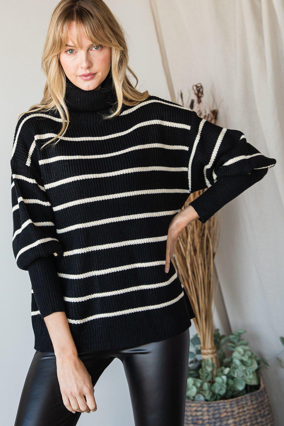 Heavy Knit Striped Turtle Neck Knit Sweater Blue Zone Planet