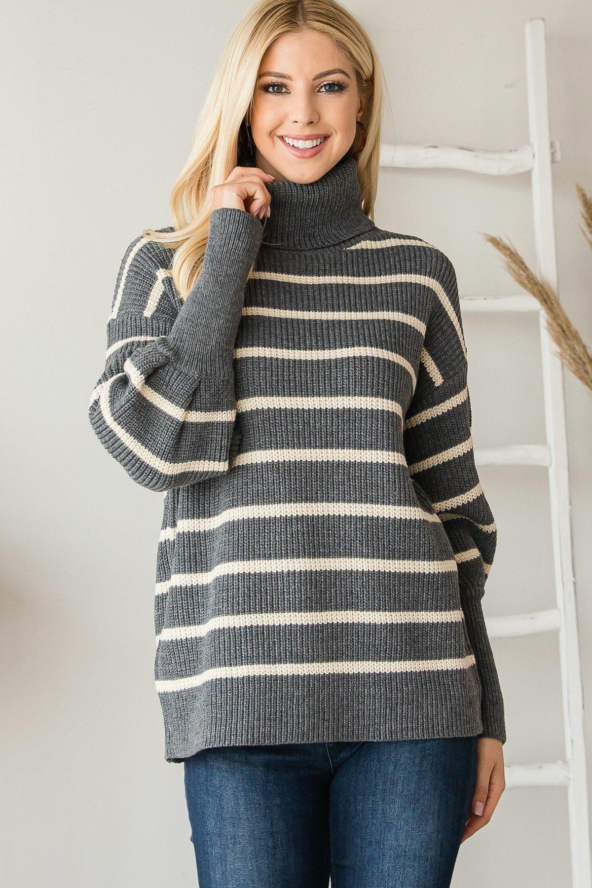 Heavy Knit Striped Turtle Neck Knit Sweater Blue Zone Planet
