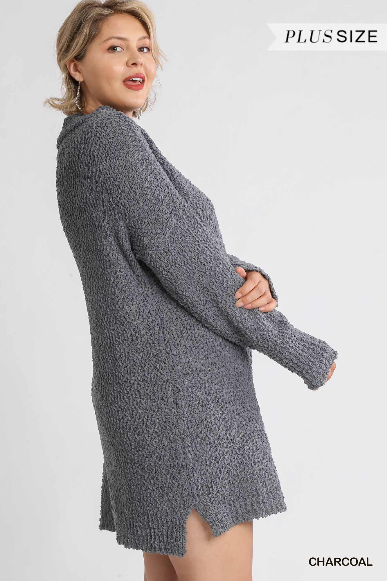 High Cowl Neck Bouclé Long Sleeve Sweater Dress Blue Zone Planet