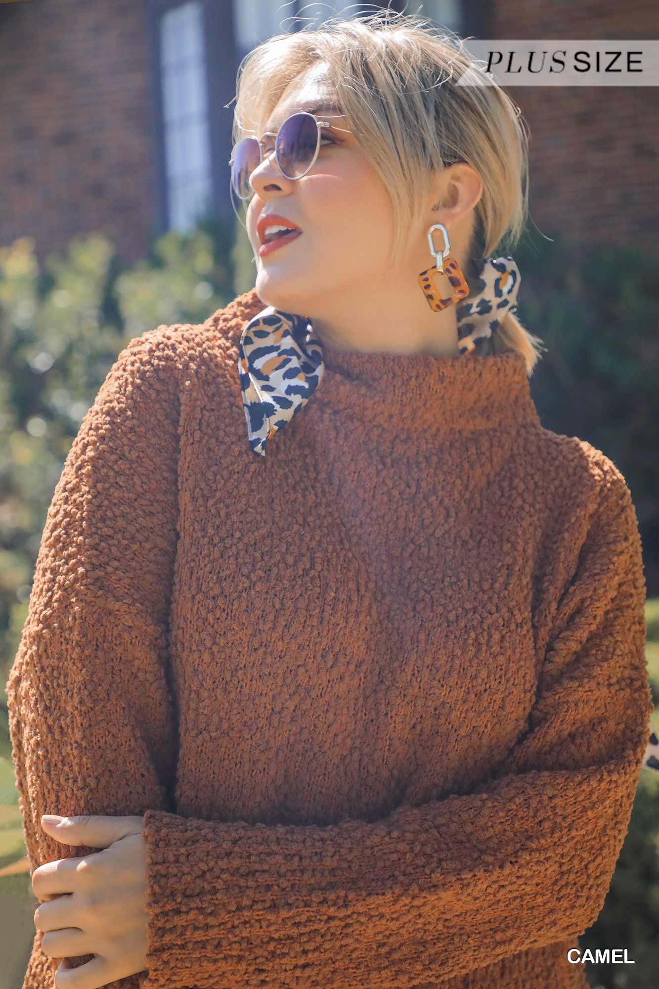 High Cowl Neck Bouclé Long Sleeve Sweater Dress Blue Zone Planet