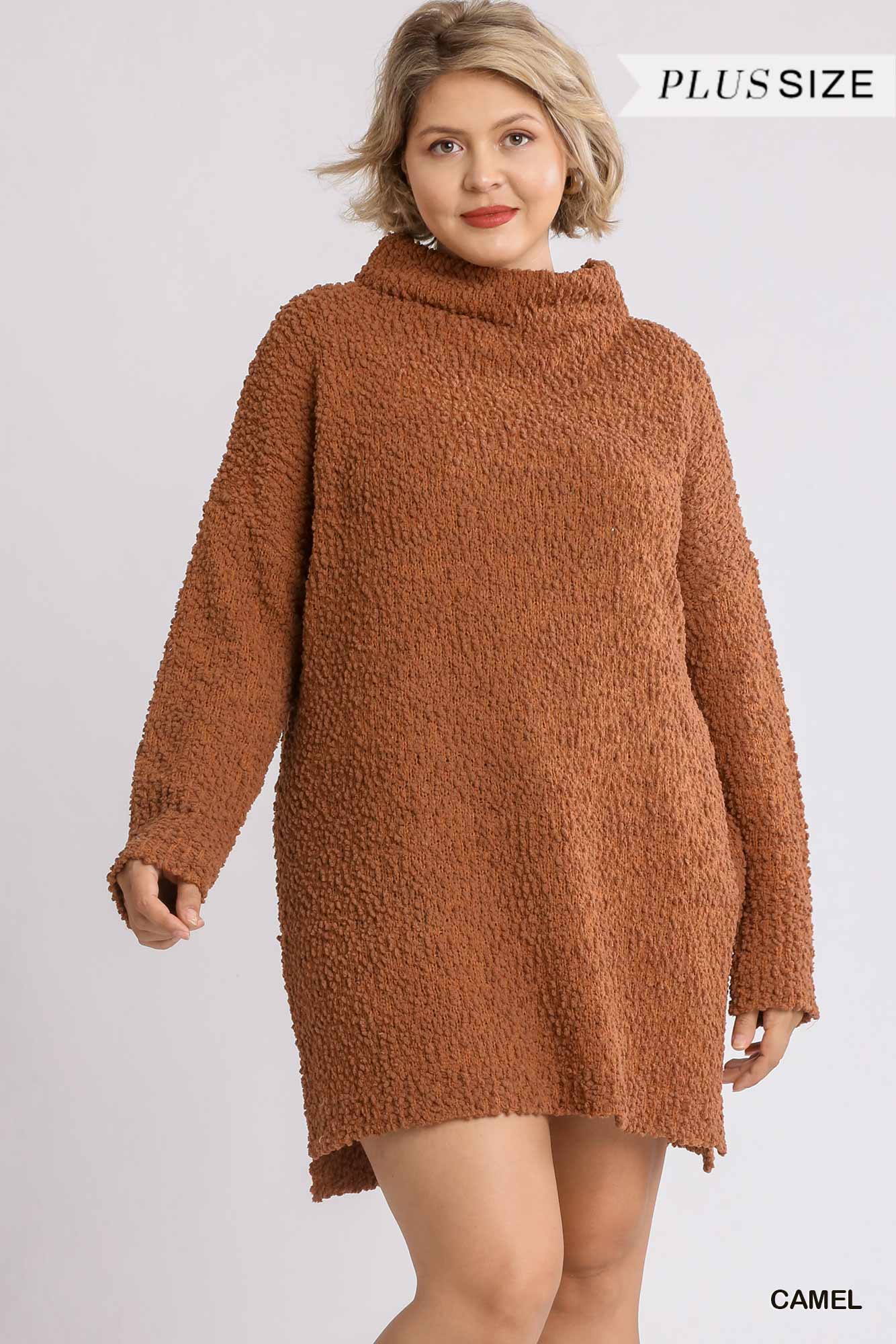 High Cowl Neck Bouclé Long Sleeve Sweater Dress Blue Zone Planet