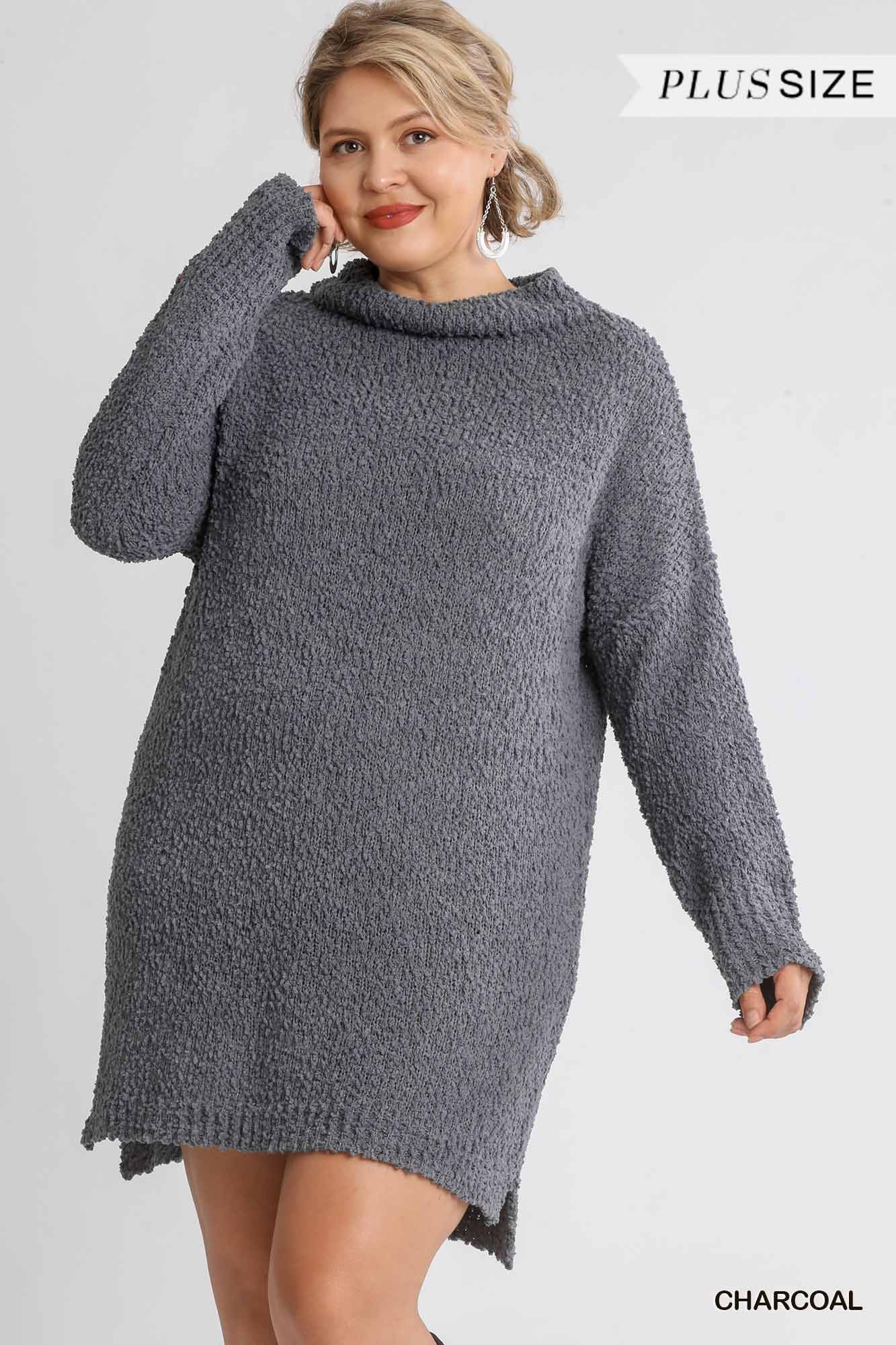 High Cowl Neck Bouclé Long Sleeve Sweater Dress Blue Zone Planet