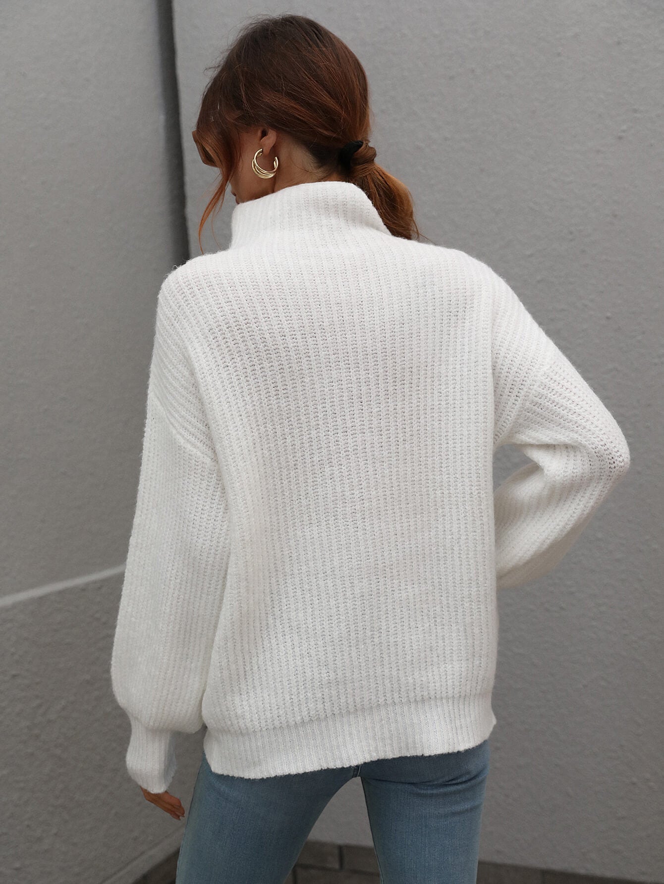 High Neck Balloon Sleeve Rib-Knit Pullover Sweater BLUE ZONE PLANET