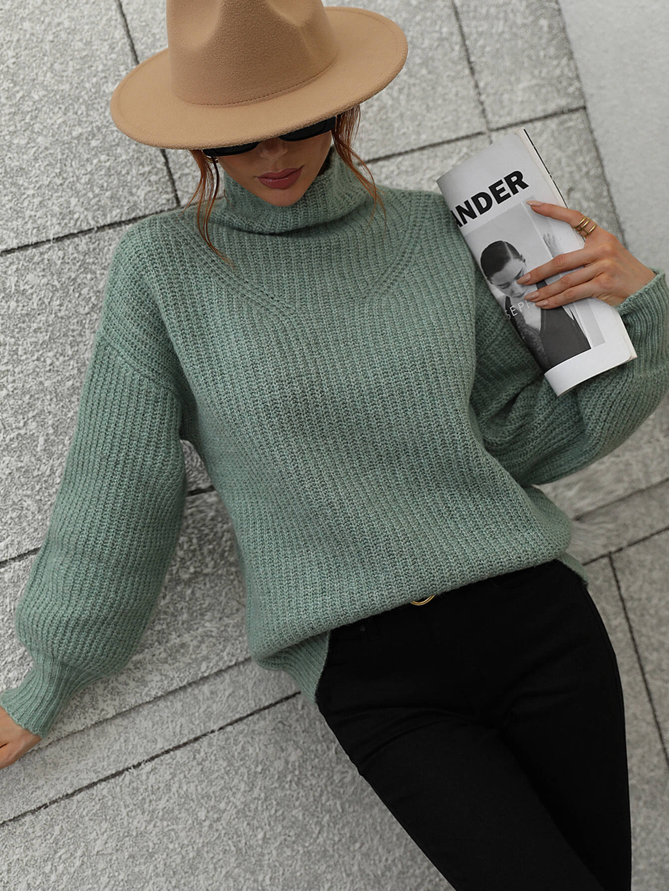 High Neck Balloon Sleeve Rib-Knit Pullover Sweater BLUE ZONE PLANET