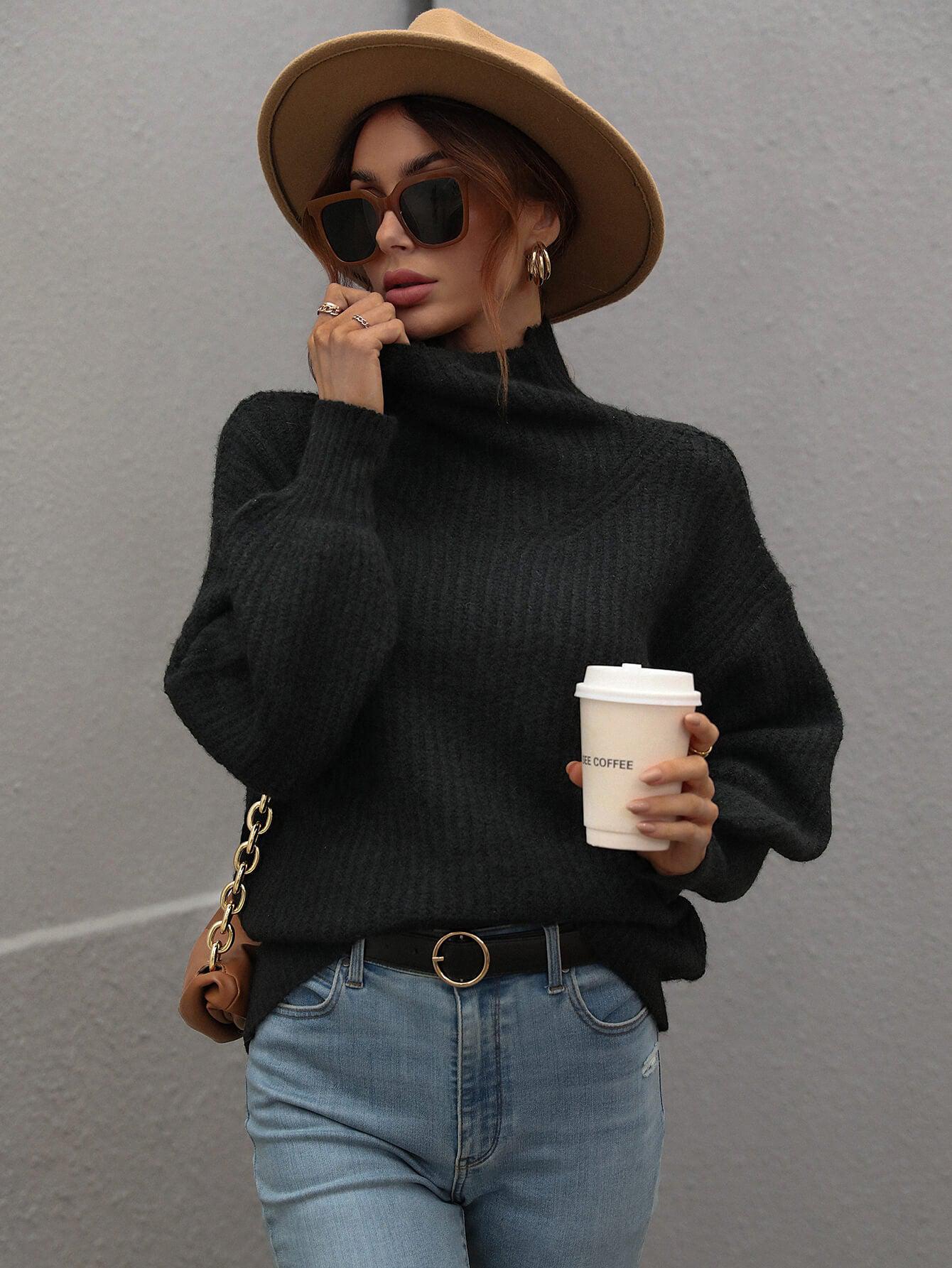 High Neck Balloon Sleeve Rib-Knit Pullover Sweater BLUE ZONE PLANET