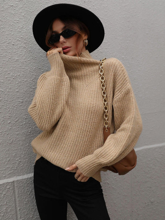 High Neck Balloon Sleeve Rib-Knit Pullover Sweater BLUE ZONE PLANET
