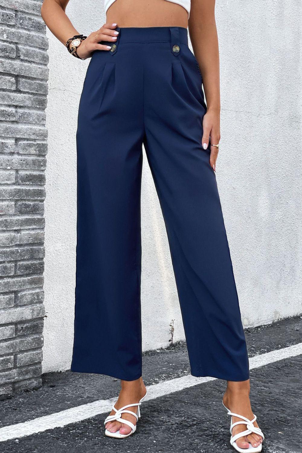High-Rise Pleated Waist Wide Leg Pants BLUE ZONE PLANET