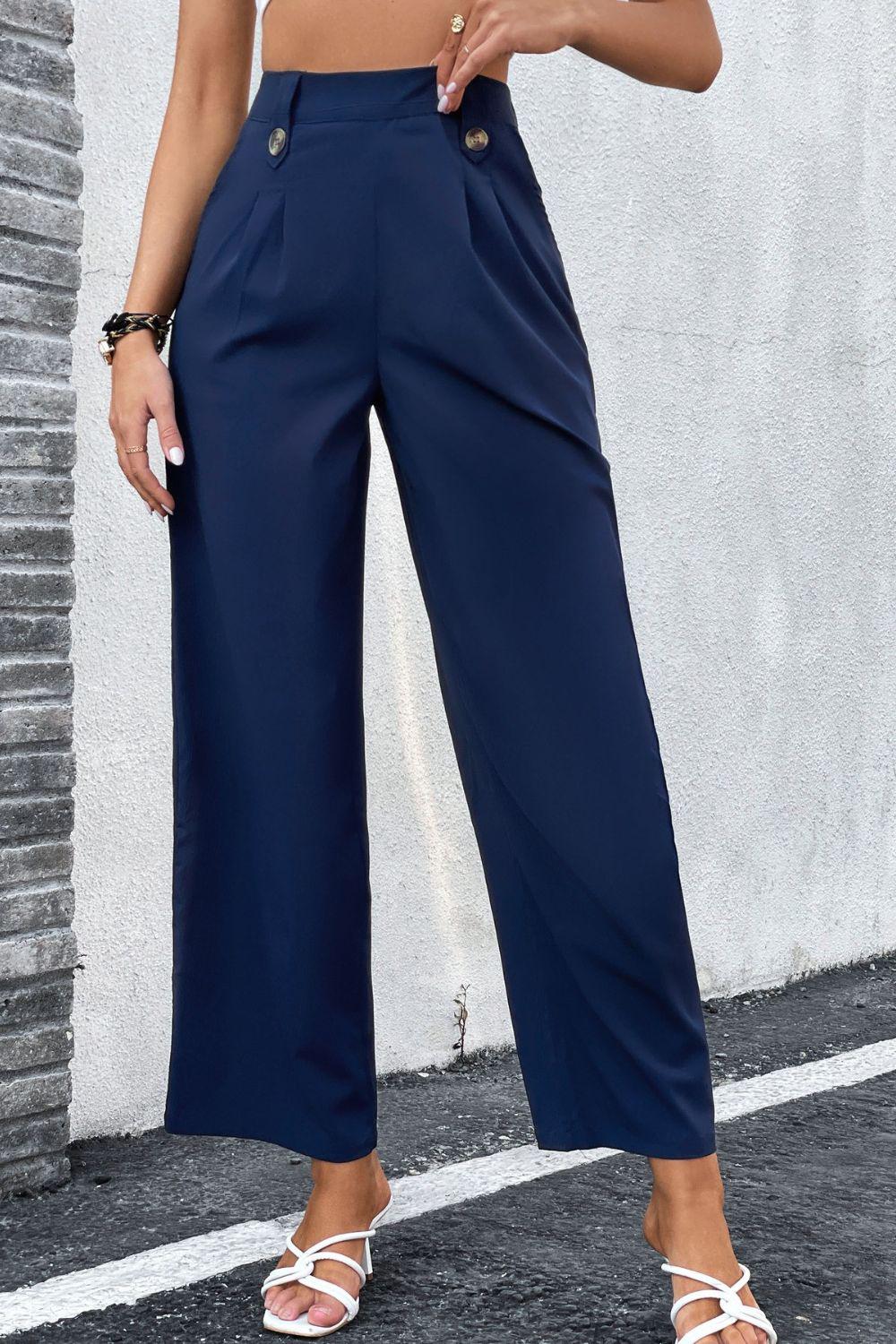 High-Rise Pleated Waist Wide Leg Pants BLUE ZONE PLANET