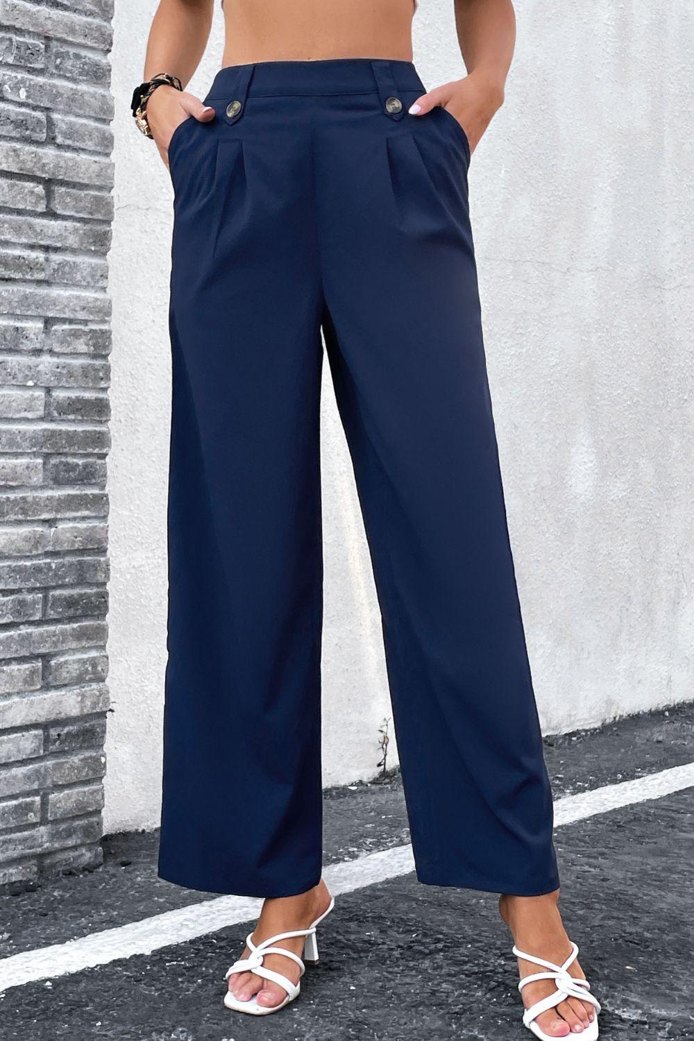 High-Rise Pleated Waist Wide Leg Pants BLUE ZONE PLANET