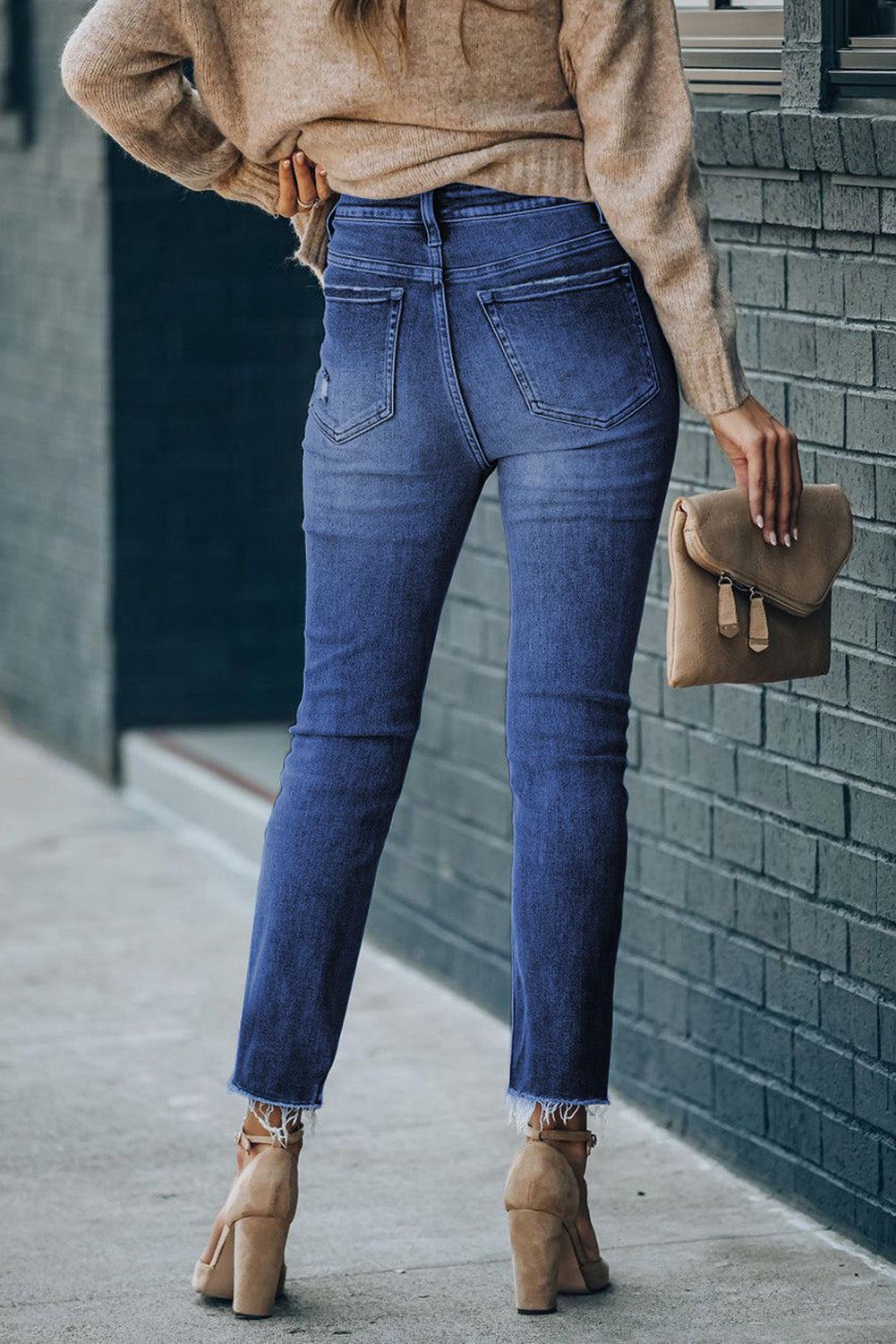 High Waist Raw Hem Skinny Jeans BLUE ZONE PLANET