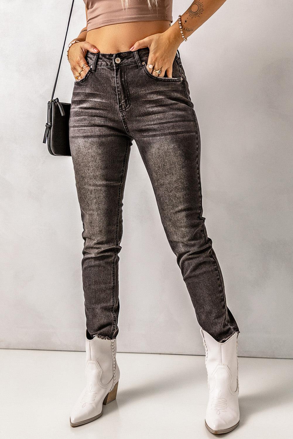 High Waist Raw Hem Skinny Jeans BLUE ZONE PLANET