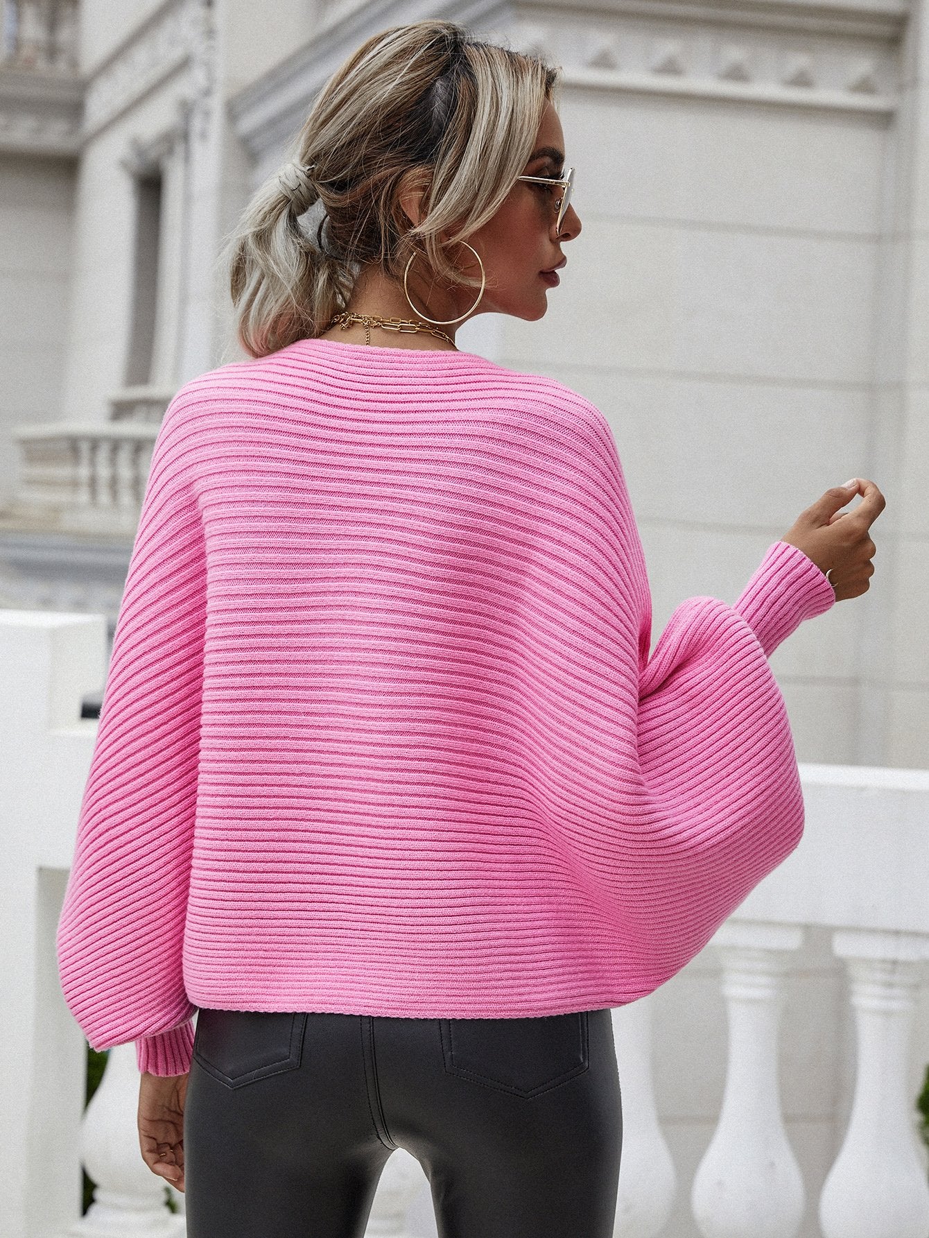 Horizontal Ribbing Dolman Sleeve Sweater BLUE ZONE PLANET