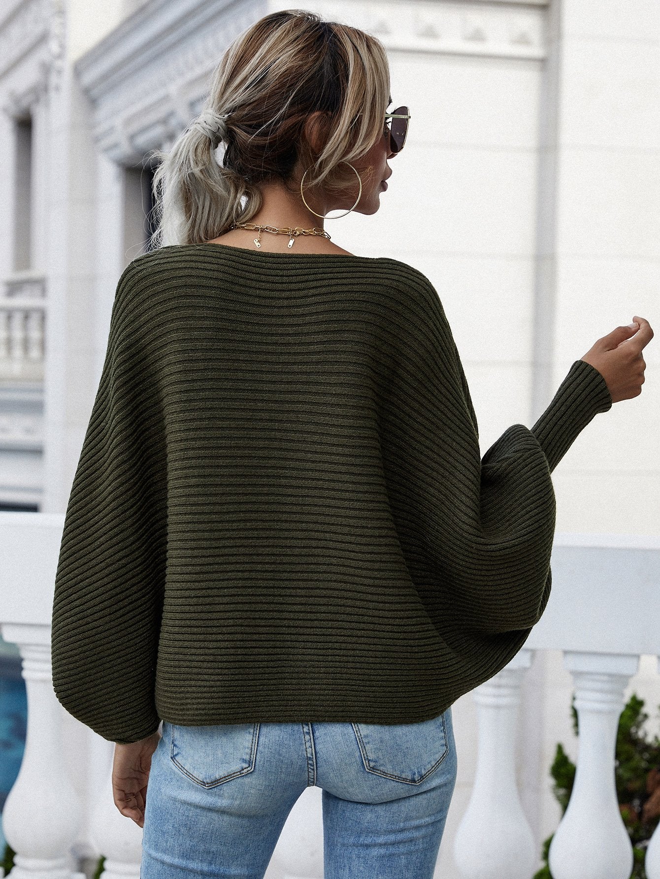 Horizontal Ribbing Dolman Sleeve Sweater BLUE ZONE PLANET