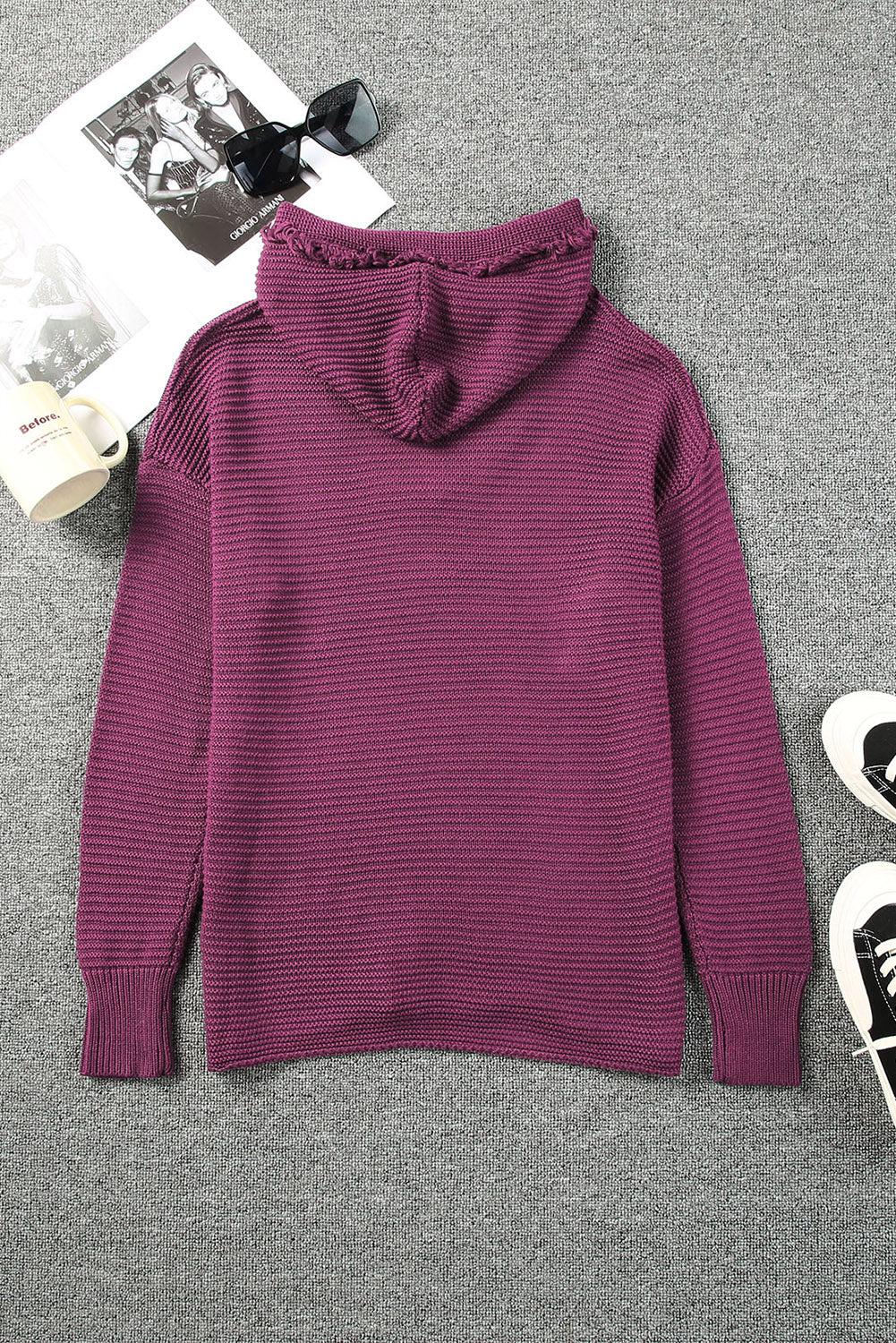 Horizontal Ribbing Fringe Trim Hooded Sweater BLUE ZONE PLANET