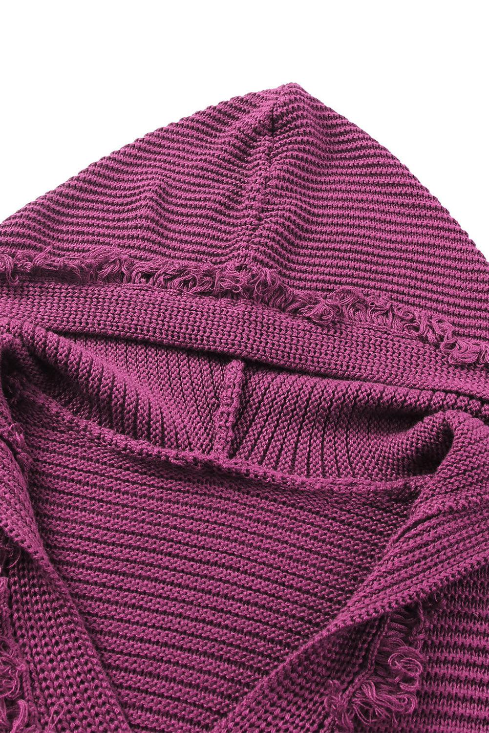 Horizontal Ribbing Fringe Trim Hooded Sweater BLUE ZONE PLANET