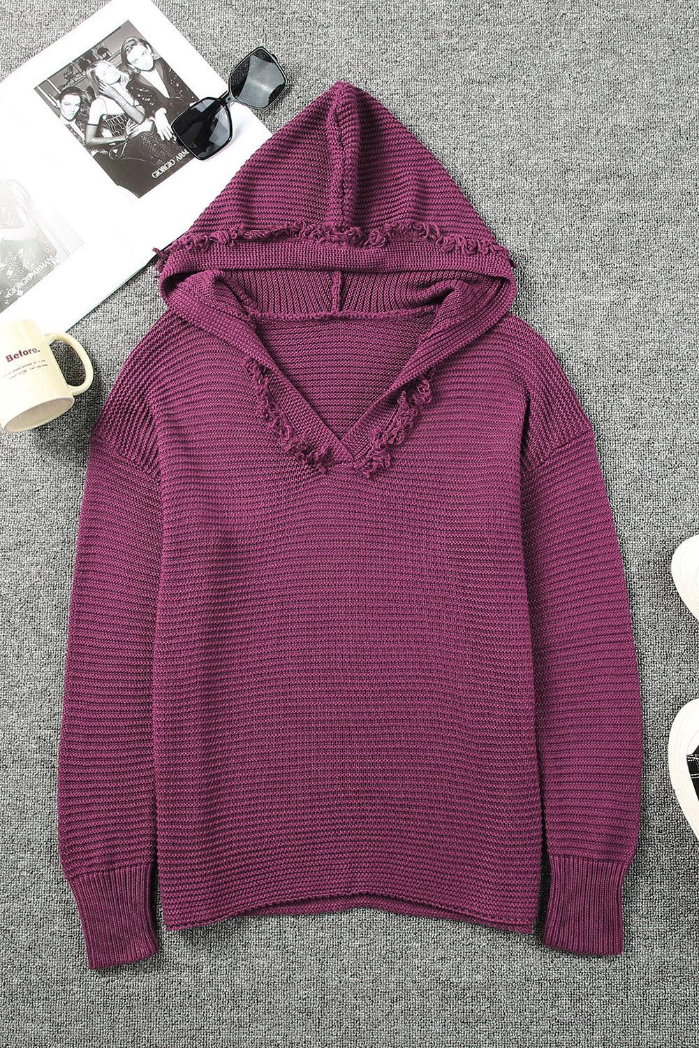 Horizontal Ribbing Fringe Trim Hooded Sweater BLUE ZONE PLANET