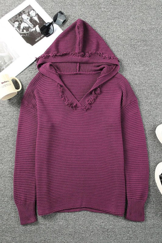 Horizontal Ribbing Fringe Trim Hooded Sweater BLUE ZONE PLANET