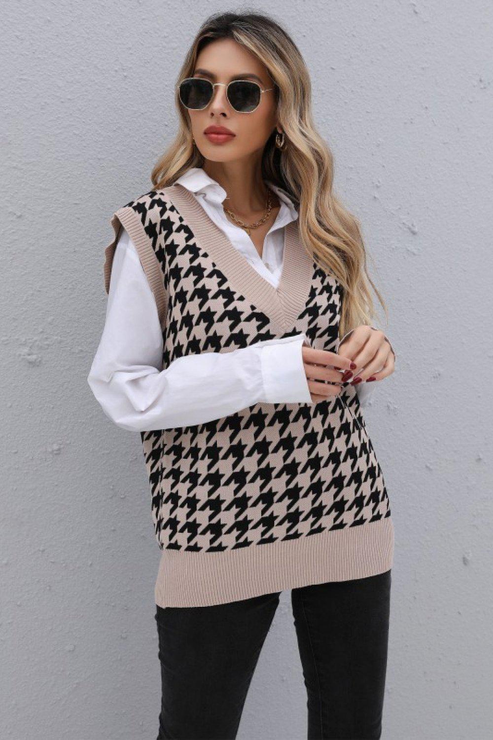 Houndstooth V-Neck Knit Vest BLUE ZONE PLANET